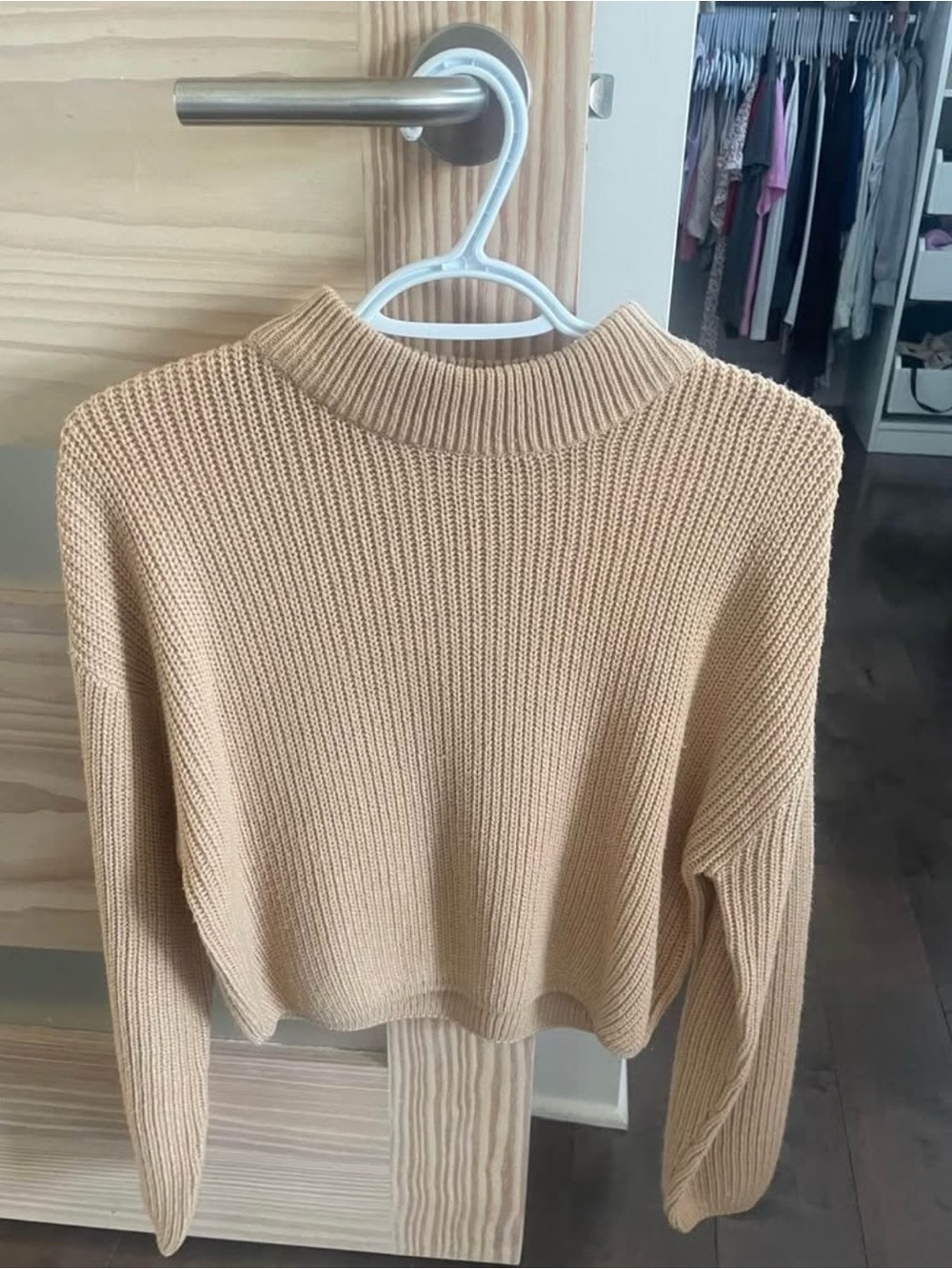 Cropped Ribbed Crewneck Sweater - Beige - medium